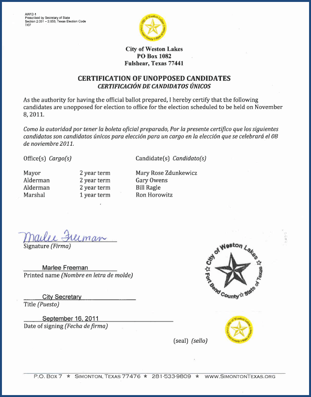 Certification of Unopposed Candidate 2011