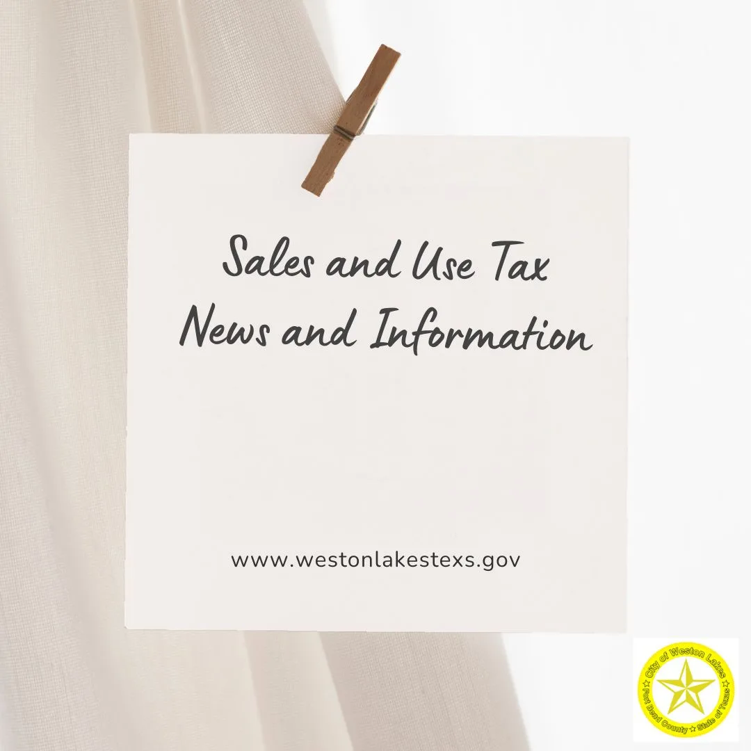 square piece of paper with a clothes pin at the top in the middle of a taupe and white larger square on the middle square it says sales and use tax news and information as well as the city website www.westonlakestexas.gov